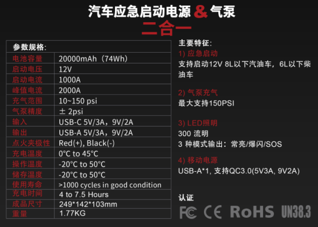 汽车应急启动电源Lokithor参数功效表